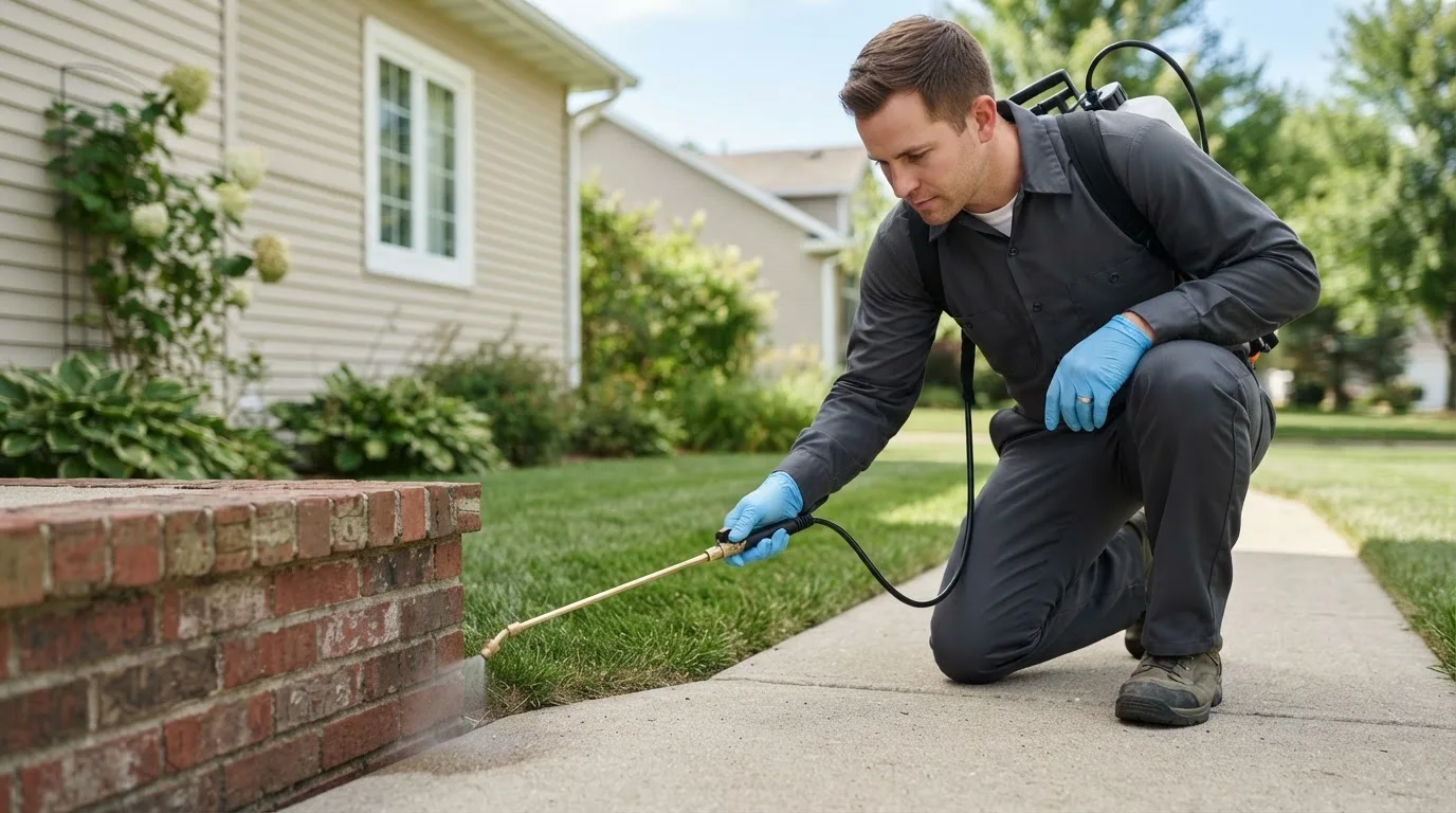Pest control technician treating a home near Caldwell, KS